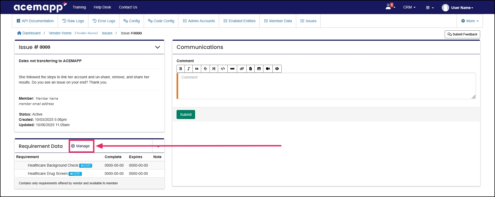 Requirement data panel highlighting Manage button.