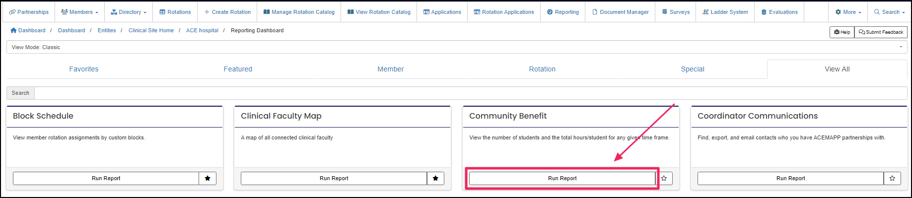 Reporting Dashboard highlighting Run Report button on Community Benefit tile.