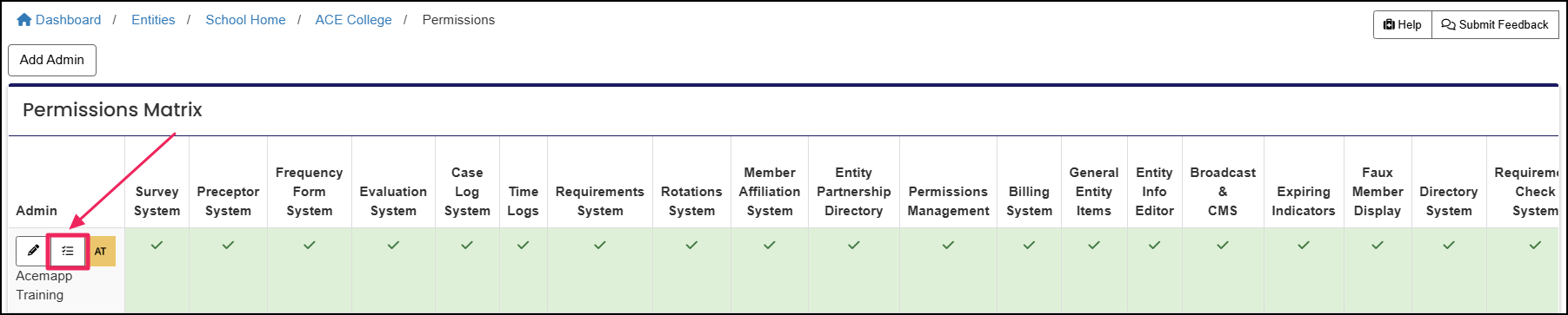 Permissions matrix highlighting the programs button for an entity admin.