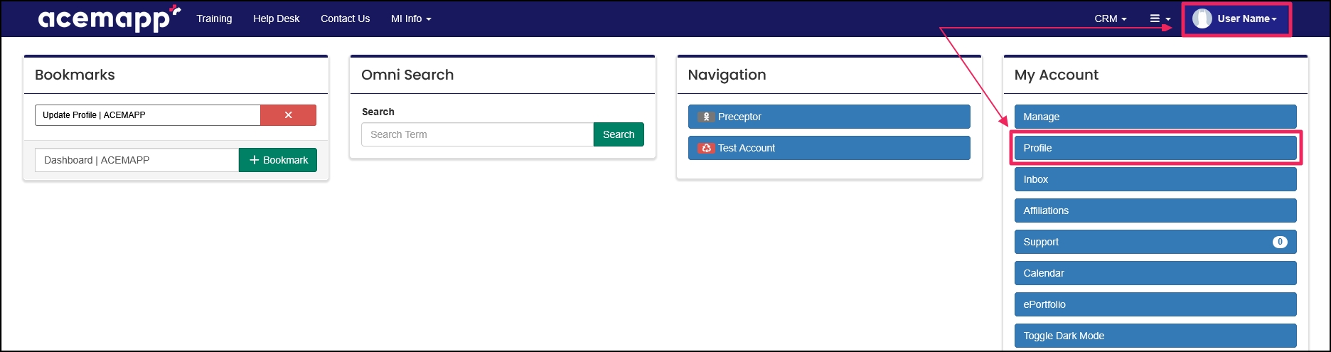 user name dropdown with arrow pointing profile tab