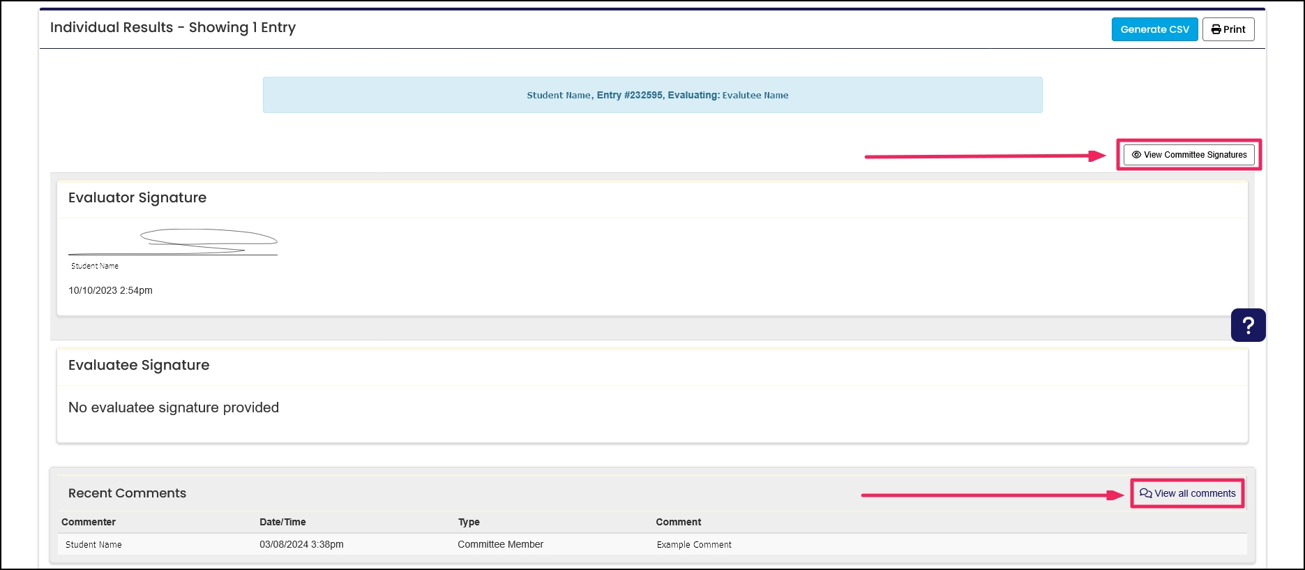 Individual evaluation results page example highlighting the View Committee Signatures and View All Comments buttons.