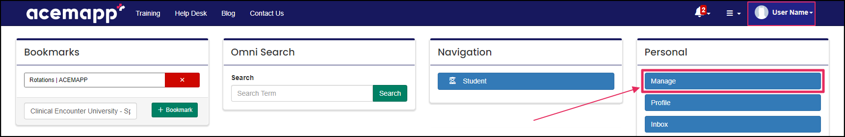 Avatar/Name dropdown button highlighting Manage button.