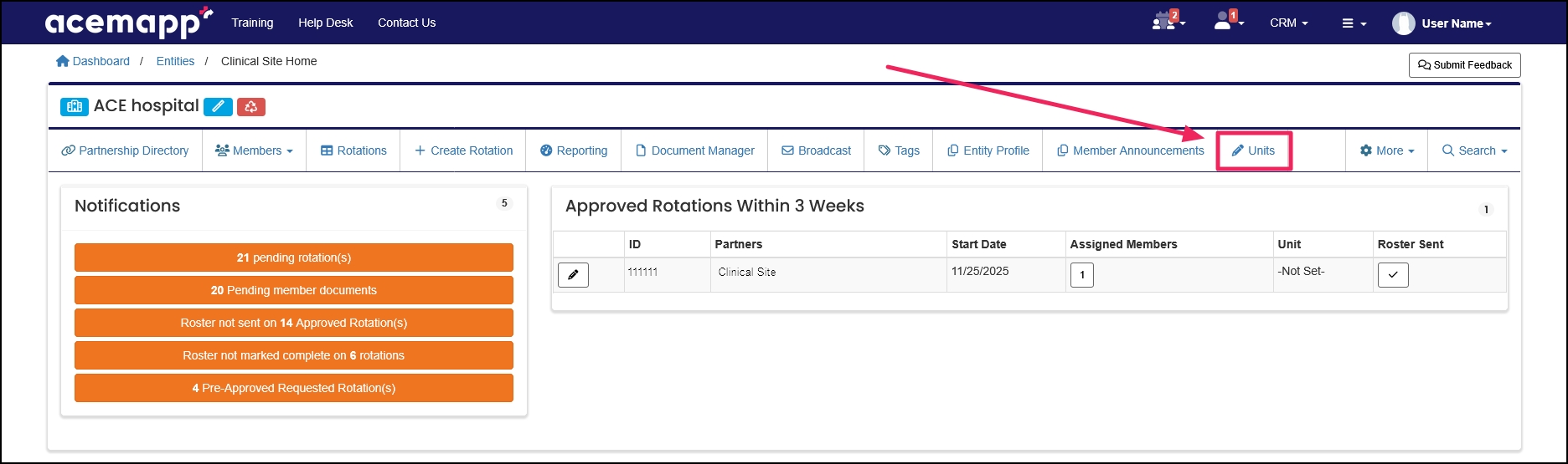 User home page highlighting Units button.