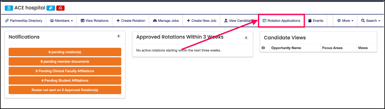 Nav bar highlighting Rotation Applications button.