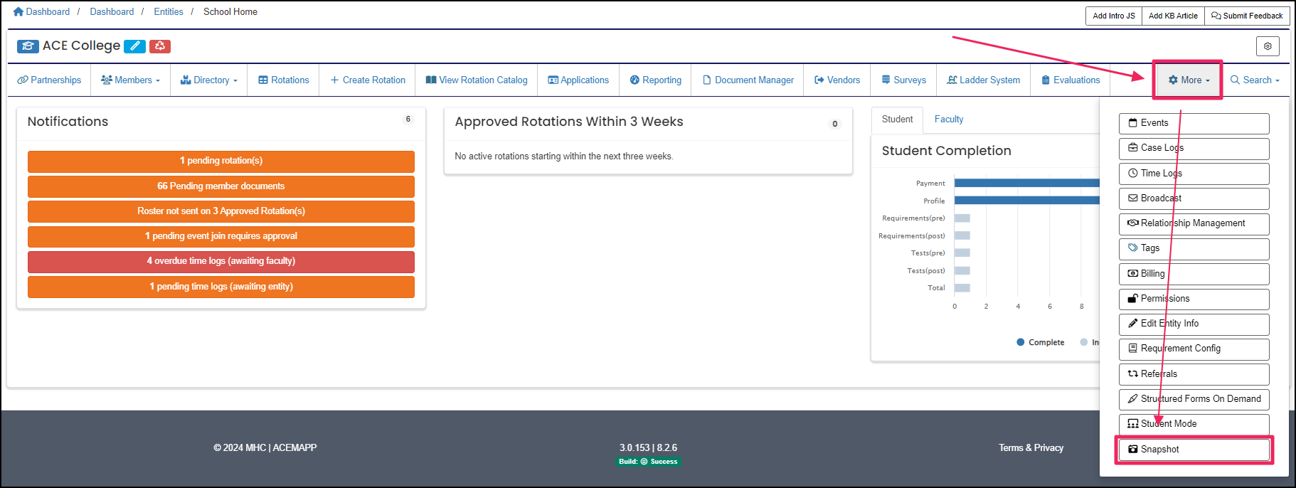 User home page highlighting More dropdown button and Snapshot button.