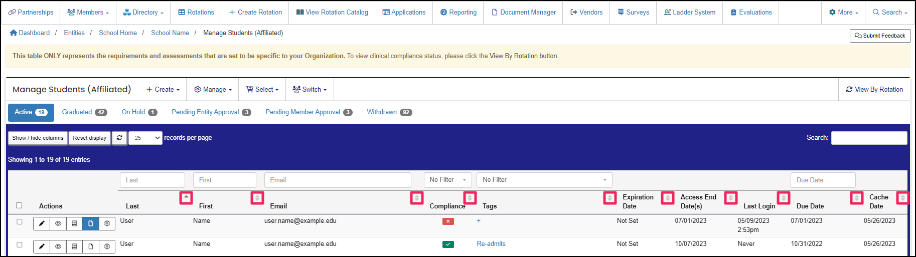 Manage Students table example highlighting column sort buttons.