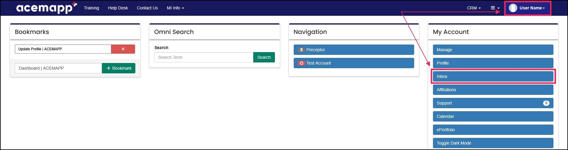 Click user name and select Inbox from drop down.