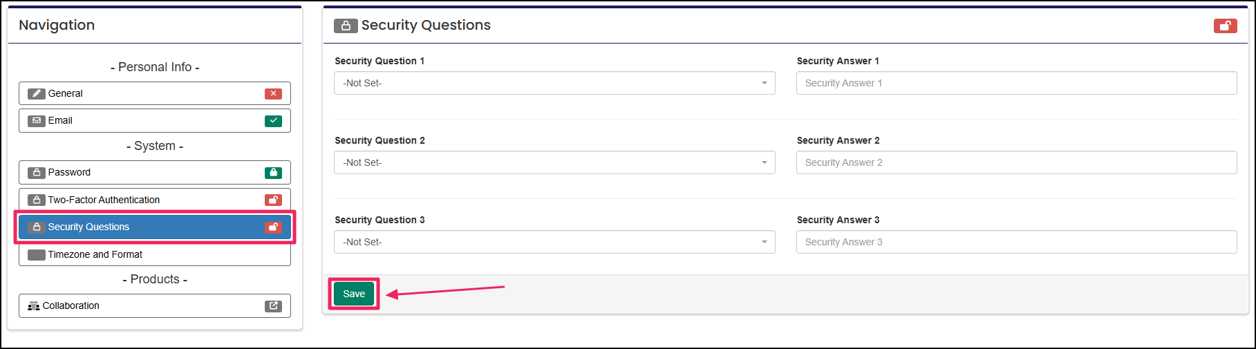 Security questions tab highlighting the save button.