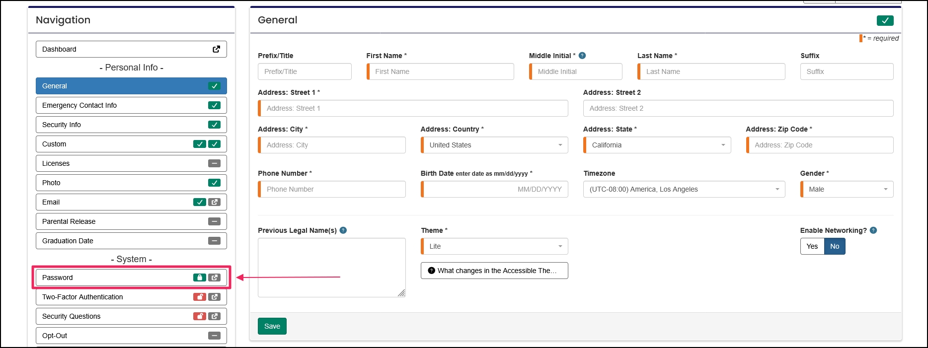 Password tab in profile navigation.