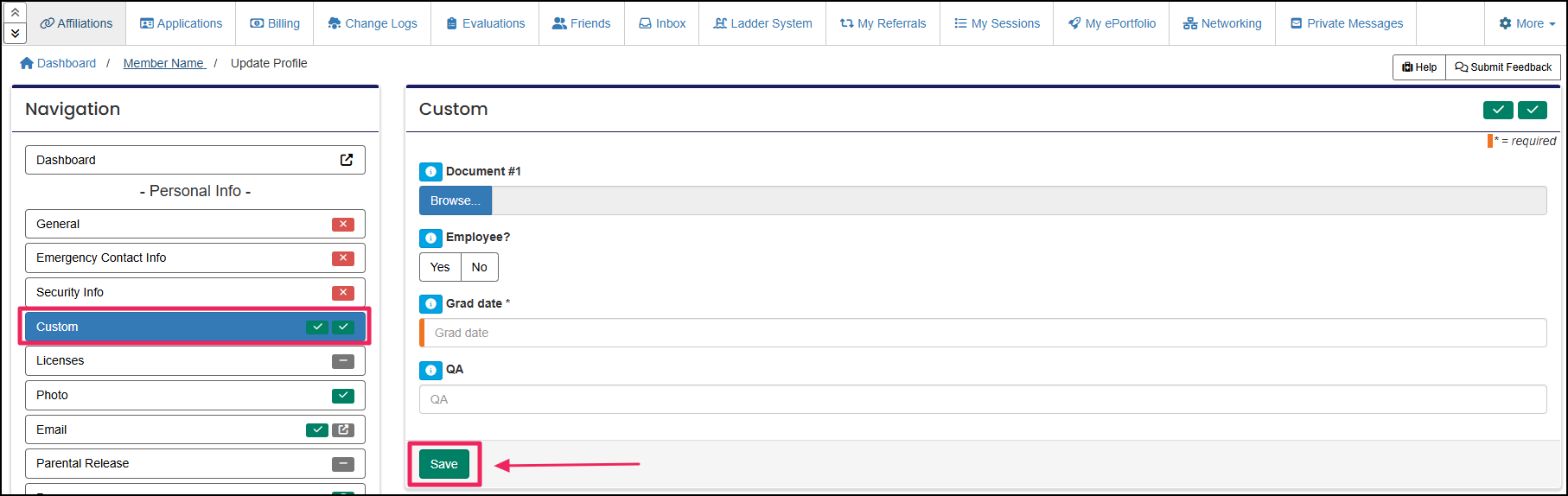 Custom tab in profile with save button.