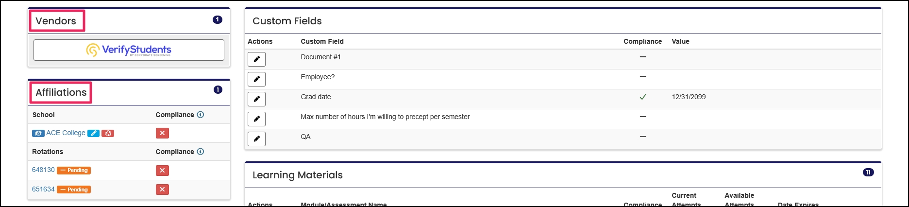 Members home page example highlighting Vendors and Affiliations panels.
