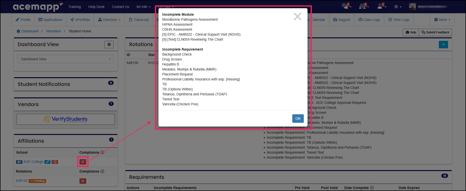Compliance modal highlighting list of items needed to be completed