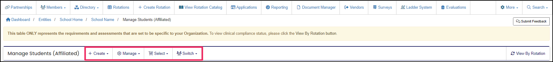 Manage Students table example highlighting Create, Manage, Select and Switch dropdown buttons.
