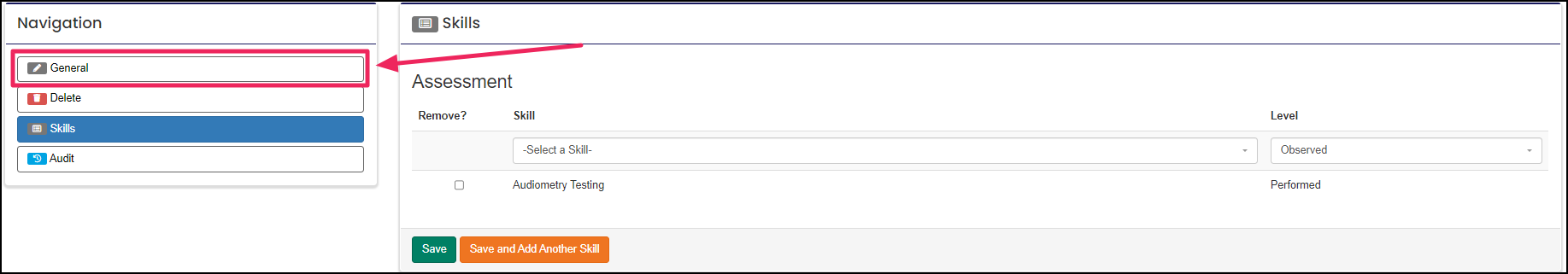 The skills page highlighting the general tab of the navigation panel.