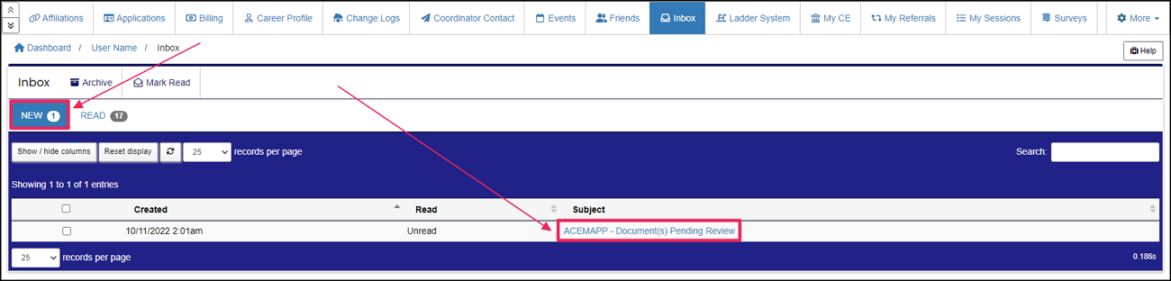 New messages and subjects to click to view message.