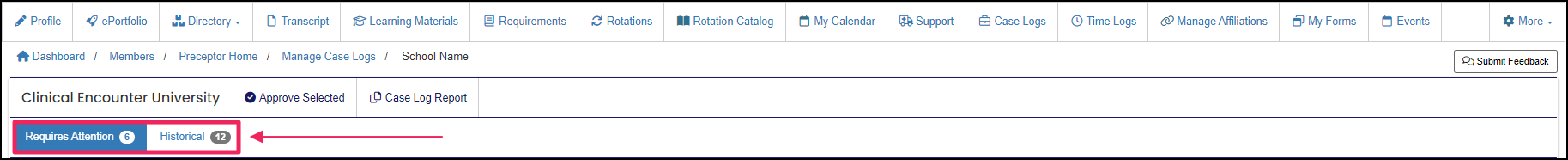Manage case log table highlighting Requires Attention and historical button.