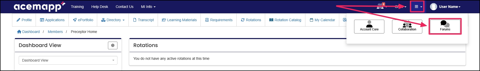 Top navigation bar highlighting three horizonal lines drop-down and Forums button.