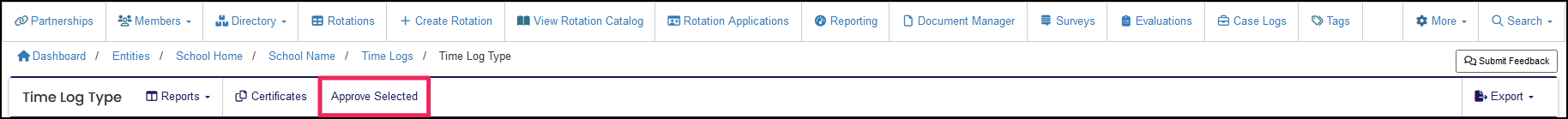 Approve selected button highlighted on the Time Logs table.