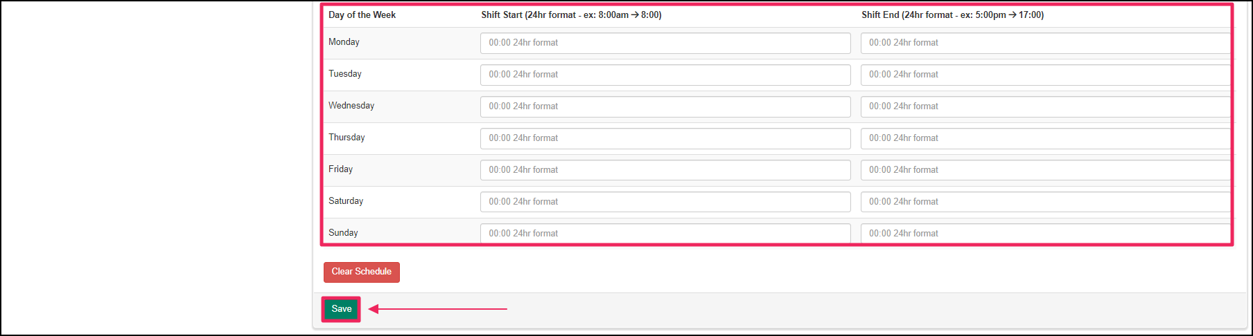 Preceptor schedule form highlighting Shift Start and Shift End columns and Save button.