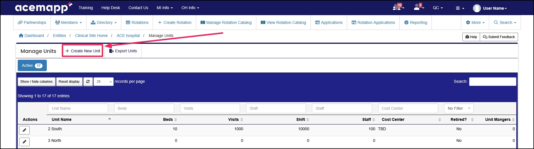 Manage Units table highlighting Create New Unit button.