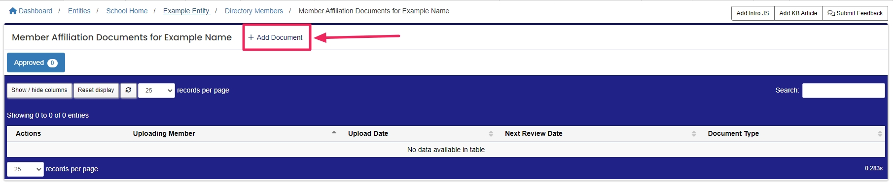Member Documents table highlighting Add Document button.