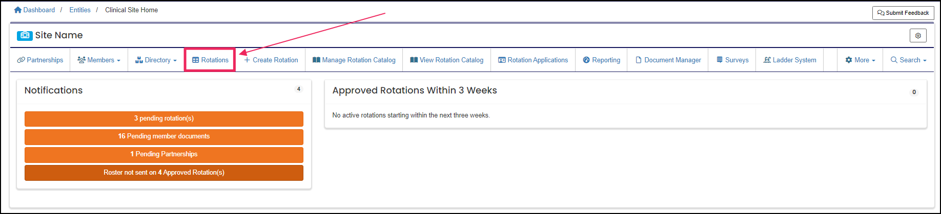 User home page highlighting Rotations button.