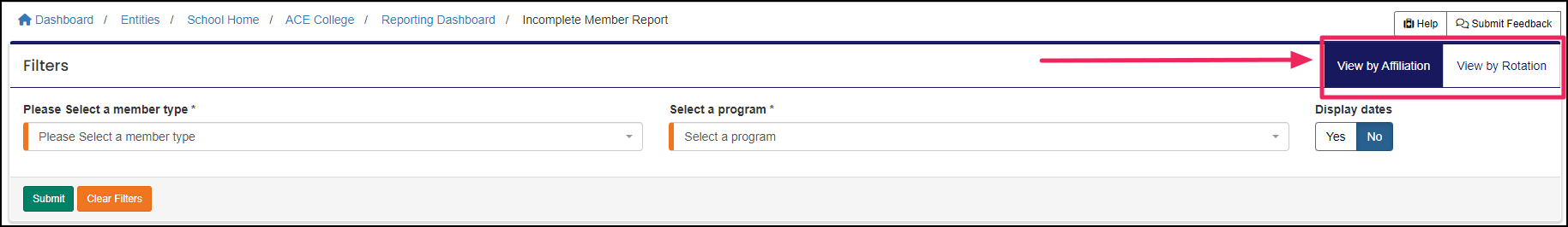 View by affiliation and view by rotation buttons in the incomplete member report.