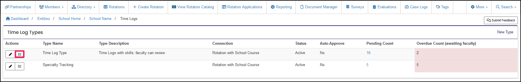 The list button highlighted on the Time Log Types table in the Action column.