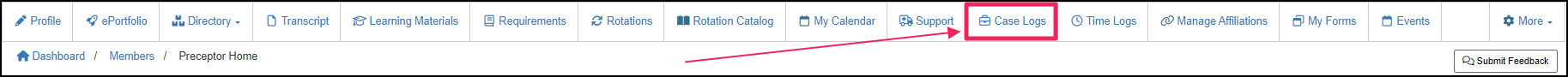 Nav bar on preceptor home page pointing to Case Logs icon.