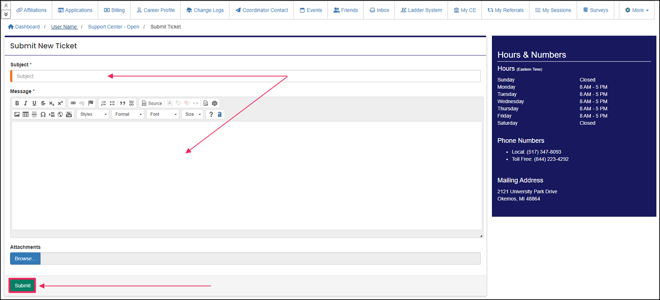 Support ticket edit screen with the subject and message inputs indicated