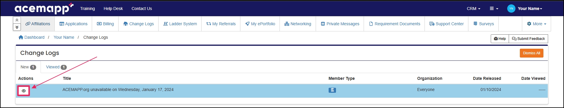 The view button is highlighted in the change logs table.