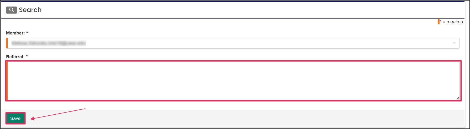Referral edit form highlighting text area and Save button.
