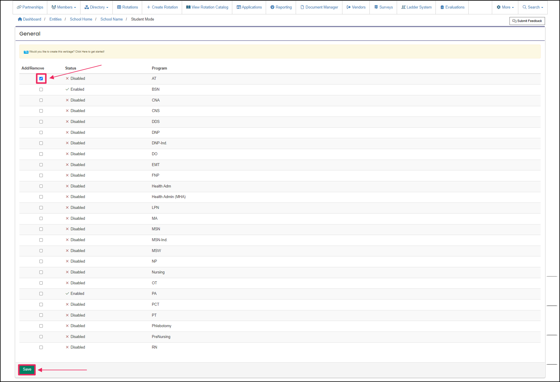 Student Mode table highlighting Add/Remove checkbox.