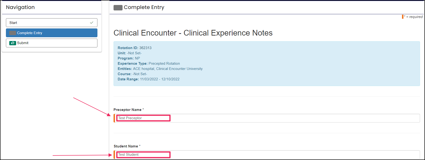 Complete Entry form example highlighting Preceptor Name and Student Name fields.