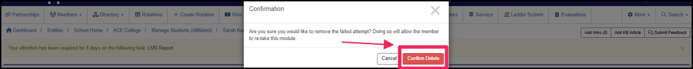 Confirm delete pop-up highlighting Confirm Delete button.