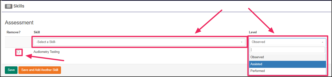 Skills form highlighting skill and level drop-downs and to remove the checkbox.