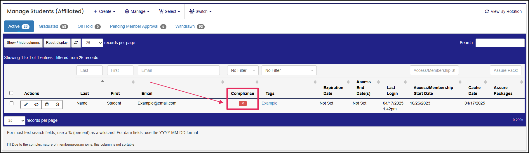 Manage Students table highlighting compliance indicator.
