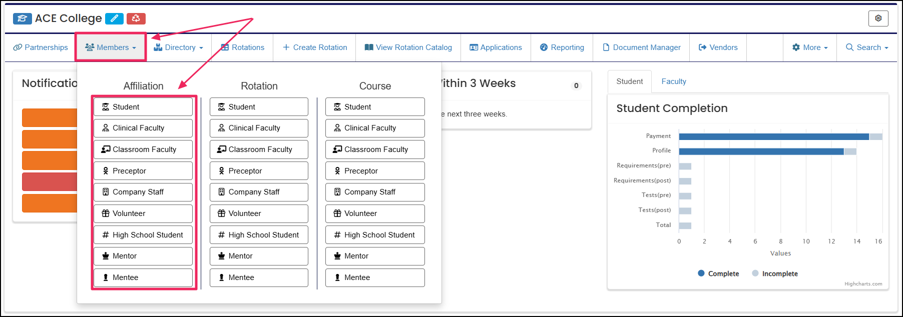 School home page highlighting the members dropdown and member types under affiliation.