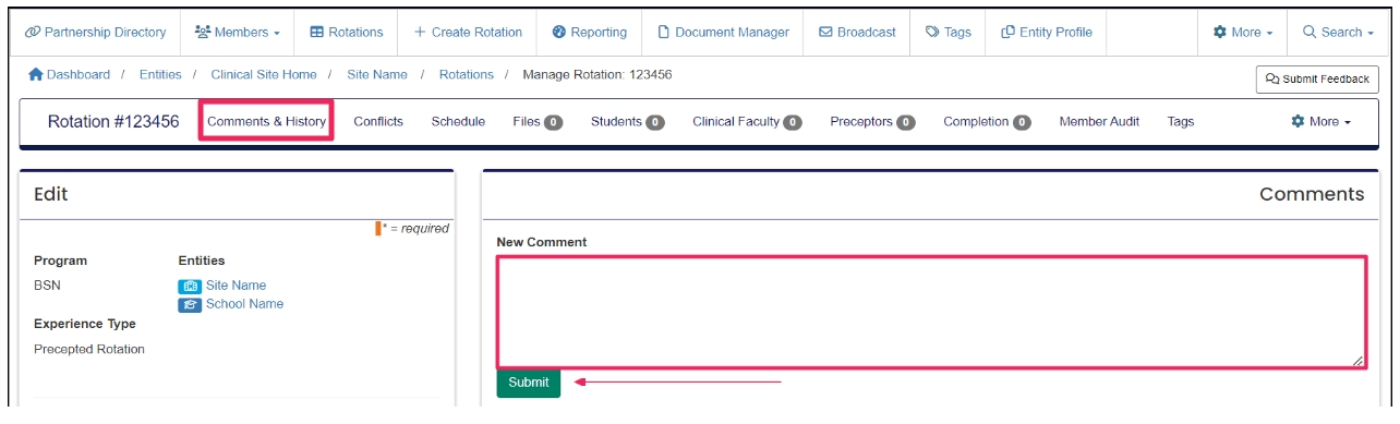 Edit Rotation page highlighting rotation comments section.