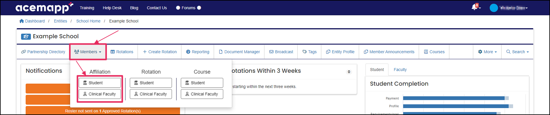 User home page highlighting Members dropdown button and the Affiliation column.