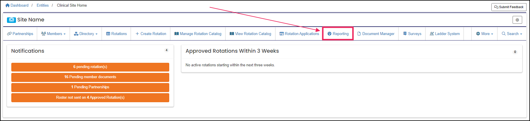 Reporting tab on nav bar.