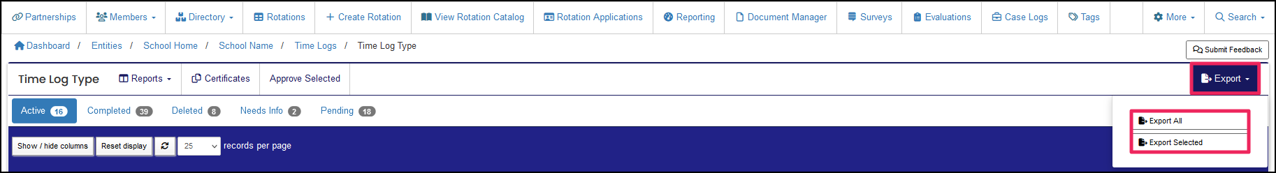 Export button and drop-down highlighted on the Time Logs table.