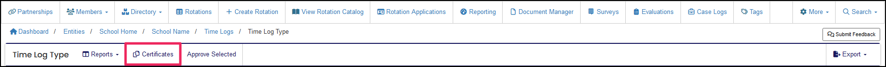 Certificates tab highlighted on the Time Log table.