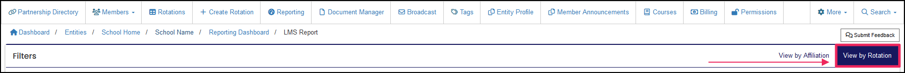 LMS Report filter example highlighting View by Rotation button.