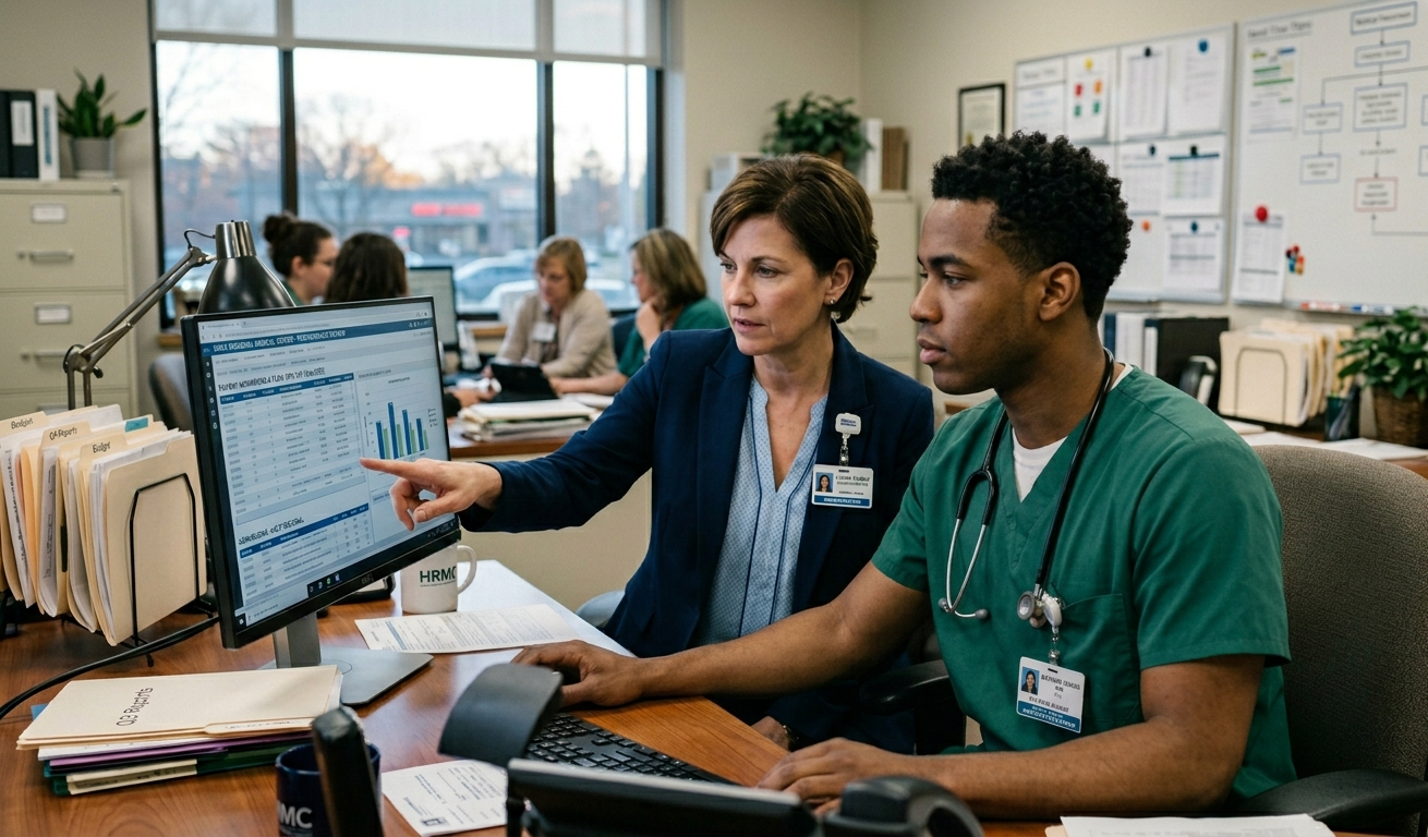 Healthcare professionals discussing clinical education in a hospital hallway