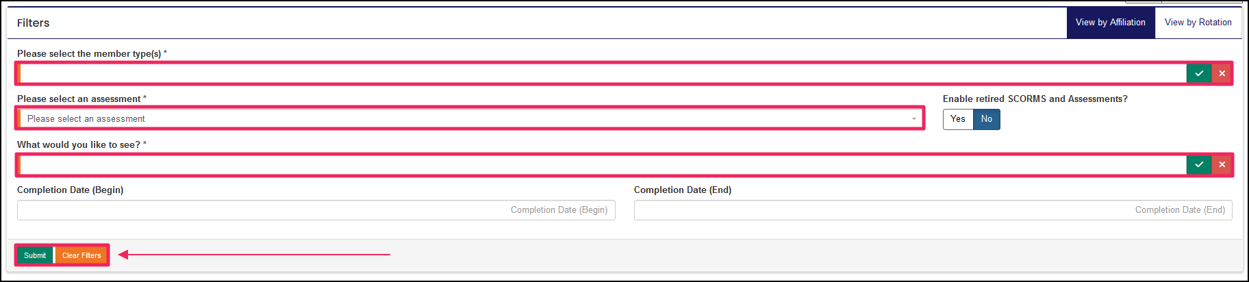 Report Filters highlighting Select Member type, Assessment, and What would you like to see selectors.