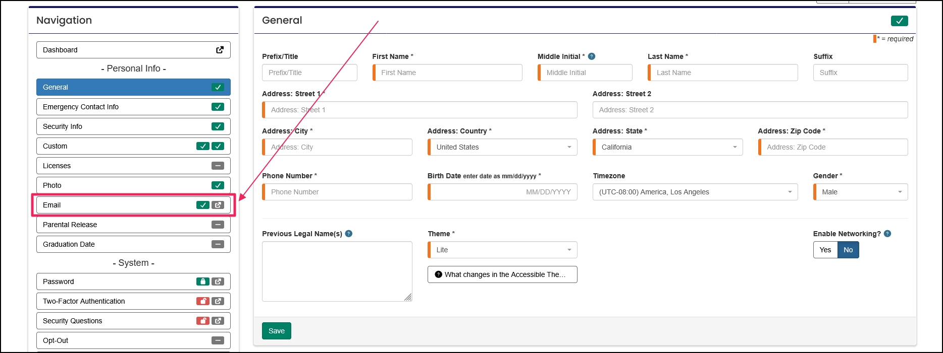Email tab in profile navigation.