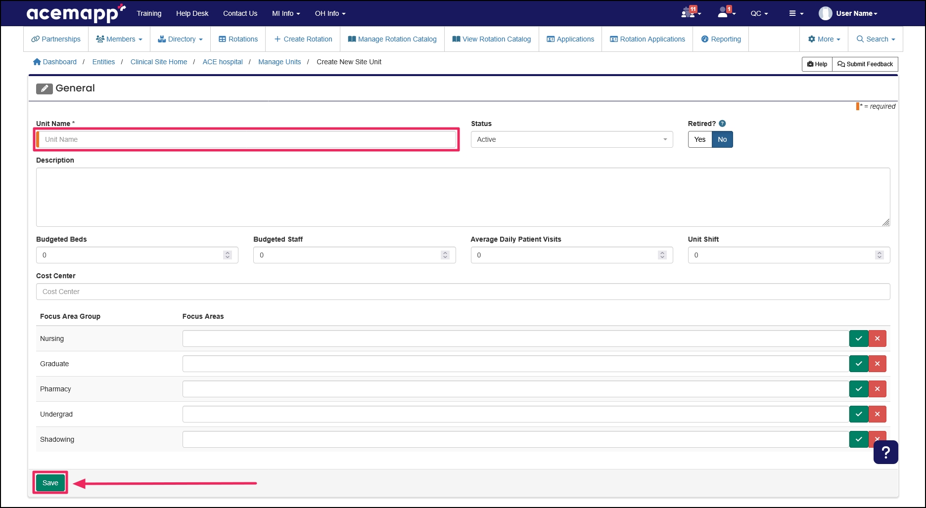 Create New Site Unit form example highlighting Unit Name field and Save button.