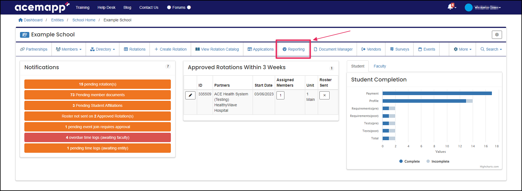 User home page highlighting Reporting button.