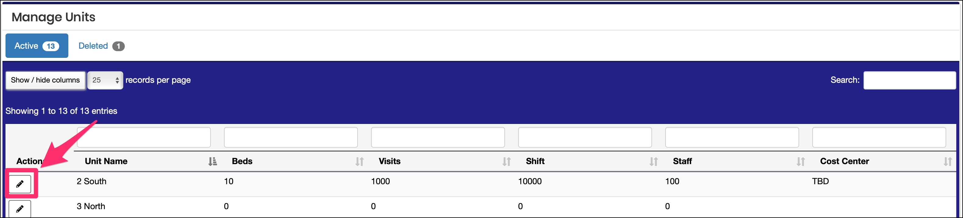 Manage unit table example highlighting Edit button.